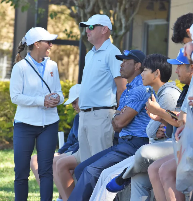 Tiger Woods watches his son, Charlie Woods, golf with The Benjamin School as the Buccaneers play on Day No. 2 of the Class 1A state championship on Nov. 15, 2025.