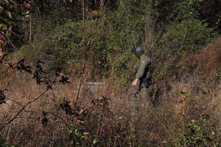 A US Border Patrol agent searches for two people who fled after agents stopped them while selling flowers on the side of the road on Sunday in Charlotte.