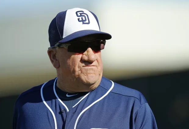 Former San Diego Padres pitcher Randy Jones looks on during a spring training practice. (KC Alfred, The San Diego Union-Tribune)