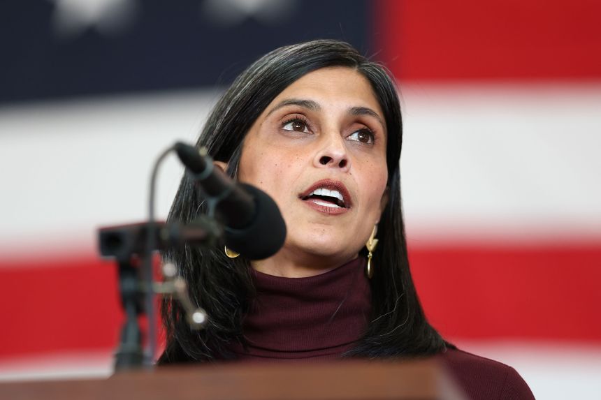 Second lady Usha Vance delivers remarks to military personnel and their families during a visit to MV-22 Mega Hangar on Marine Corps Air Station New River in Jacksonville, North Carolina, on November 19, 2025.