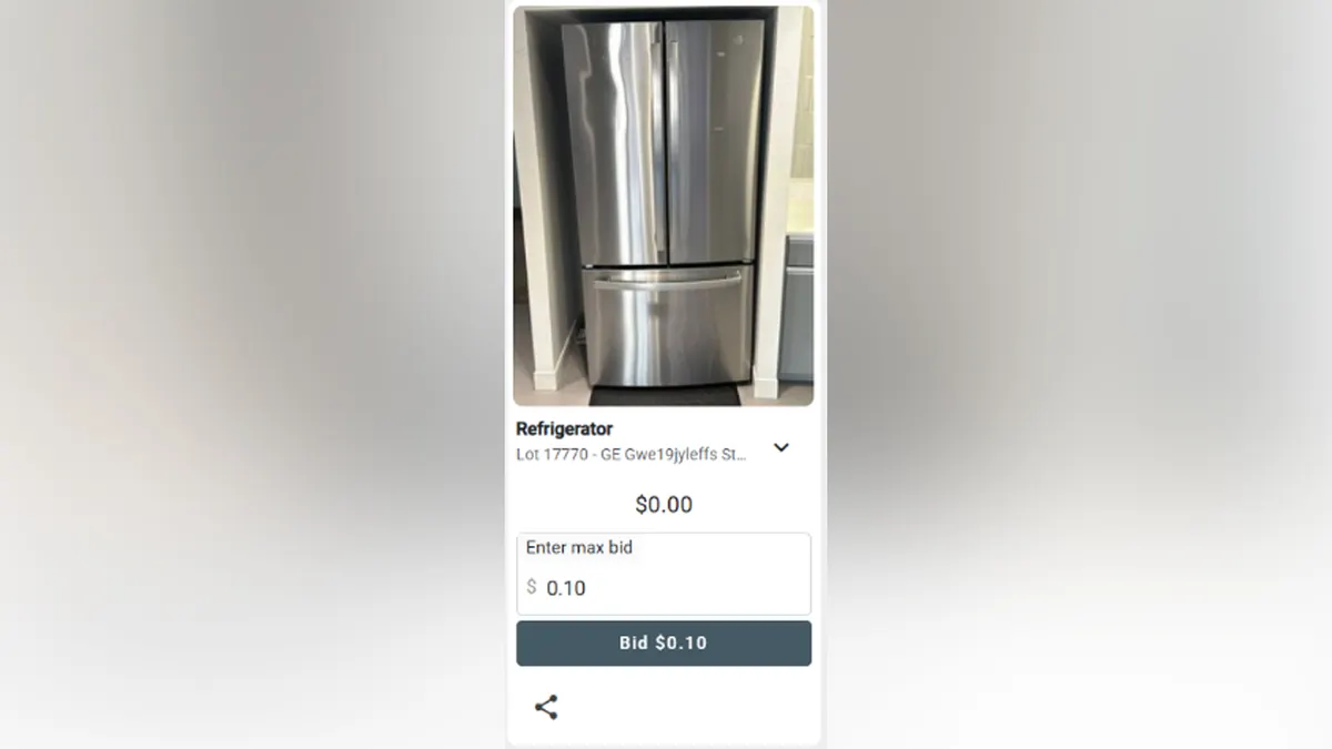 A listing for a refrigerator being sold at 10 cents.