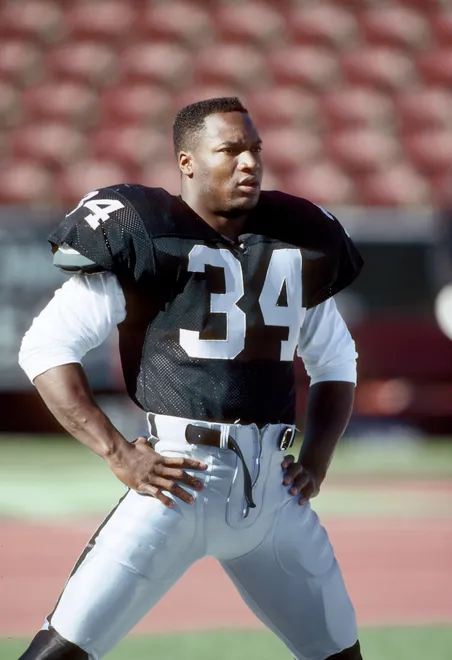 Jan 13, 1991; Los Angeles, CA, USA; FILE PHOTO; Bo Jackson of the Los Angeles Raiders in action against the Cincinnati Bengals during the 1990 season playoffs at the Los Angeles Coliseum. Mandatory Credit: Photo By USA TODAY Sports