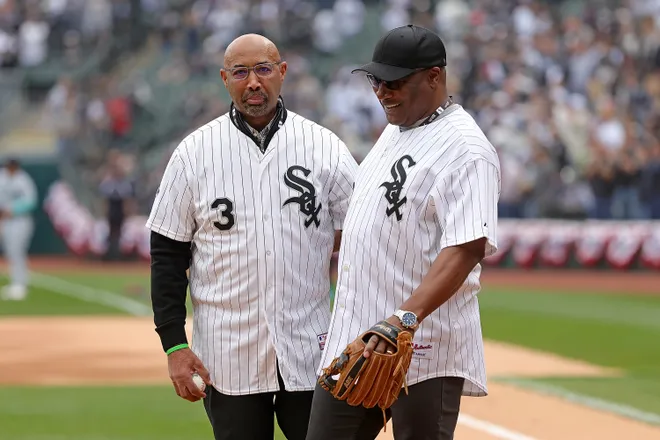 Former Chicago White Sox players, Harold Baines and Bo Jackson, speak on the field prior to Opening Day at Guaranteed Rate Field on April 12, 2022 in Chicago.