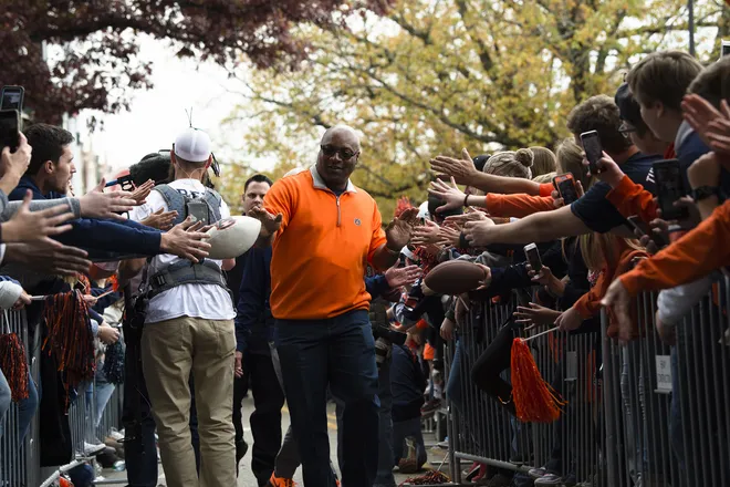 Bo Jackson greets fans during Tiger Walk before the Iron Bowl NCAA football game between Auburn and Alabama on Saturday, Nov. 25, 2017, in Auburn, Ala.