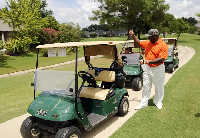 Bo Jackson, former Auburn football player and Heisman Trophy winner, hits a few balls at First Tee Montgomery on Tuesday, July 27, 2010, at Wynlakes. (Montgomery Advertiser, Amanda Sowards)
