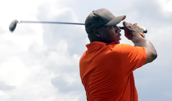 Bo Jackson, former Auburn football player and Heisman Trophy winner, hits a few balls at First Tee Montgomery on Tuesday, July 27, 2010, at Wynlakes. (Montgomery Advertiser, Amanda Sowards)