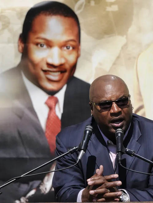 Bo Jackson speaks during the unveiling of the Heisman statues at Jordan Hare Stadium in Auburn, Ala. on Saturday April 14, 2012.(Montgomery Advertiser, Mickey Welsh)