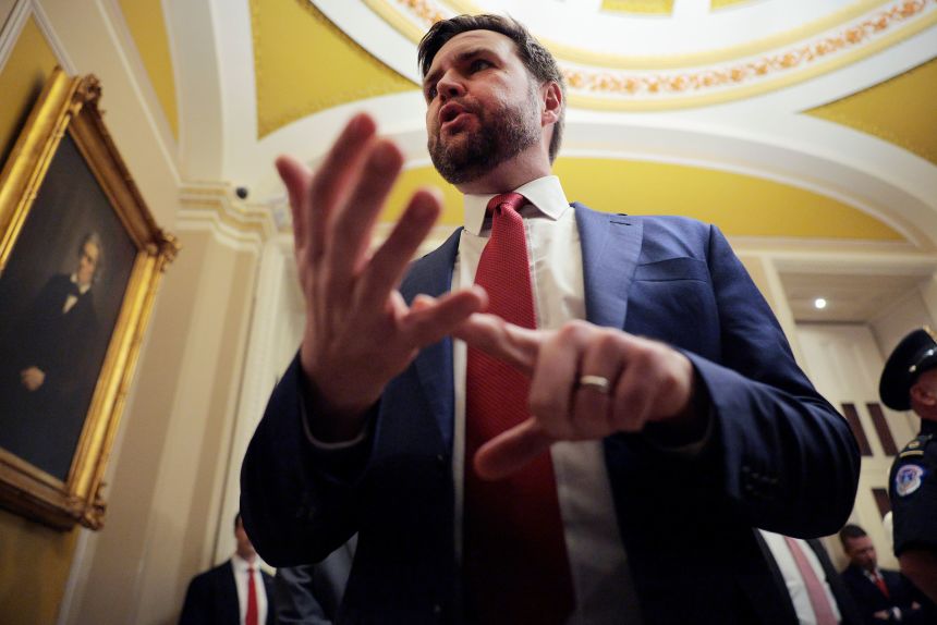 Vice President JD Vance talks with reporters after attending the weekly Senate Republican policy luncheon on October 28.