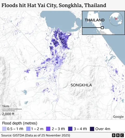 BBC map showing floods around Hat Yai in Thailand