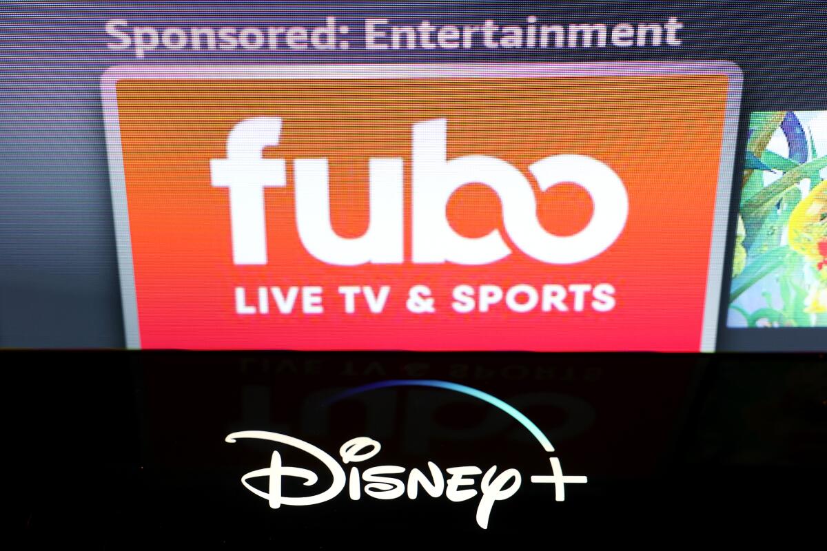The Fubo TV logo is displayed on a TV earlier in 2025.  (Photo Illustration by Justin Sullivan/Getty Images)
