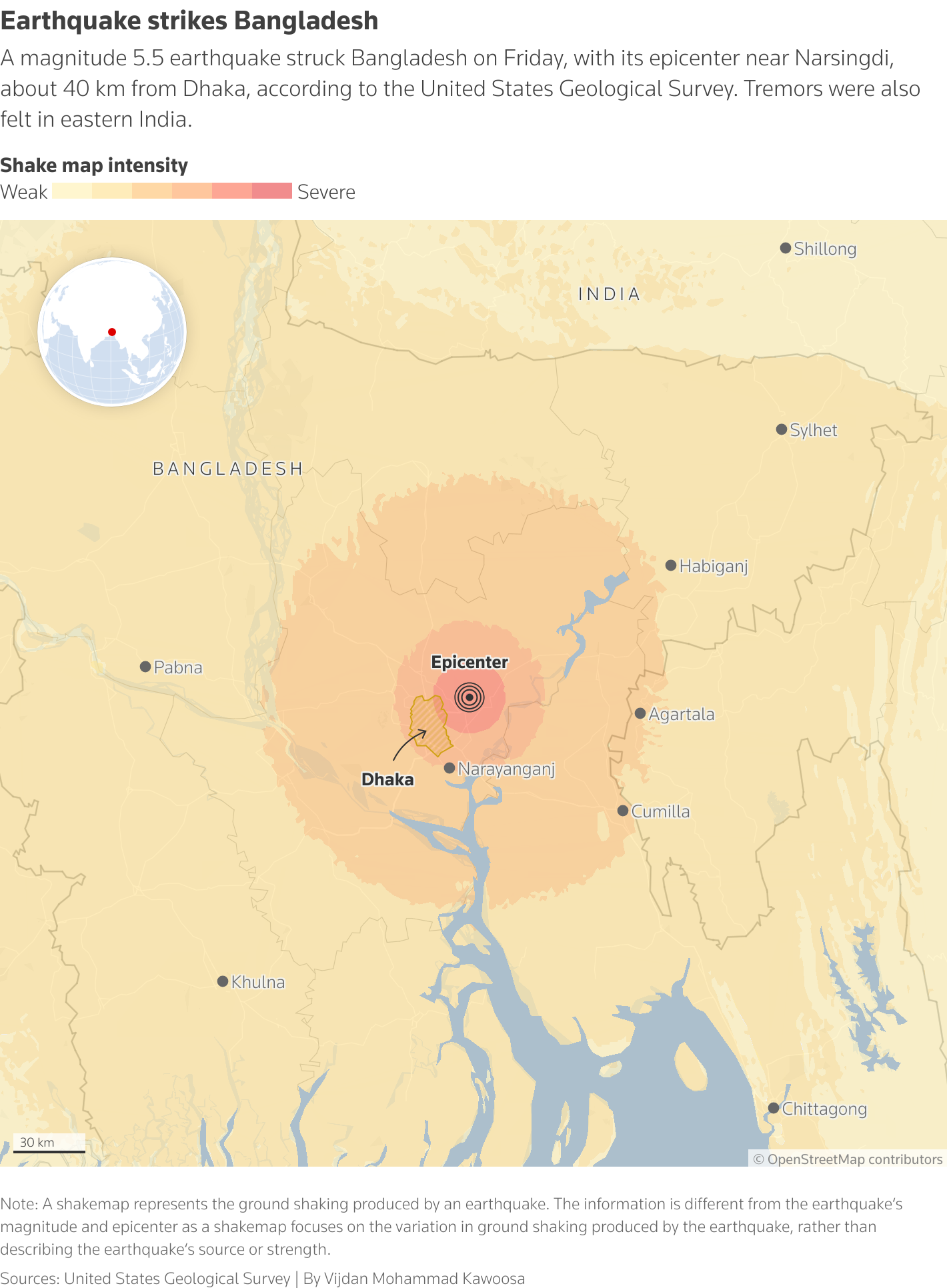 Map showing the epicenter of a magnitude 5.5 earthquake near Narsingdi, Bangladesh, with surrounding shake intensity zones.