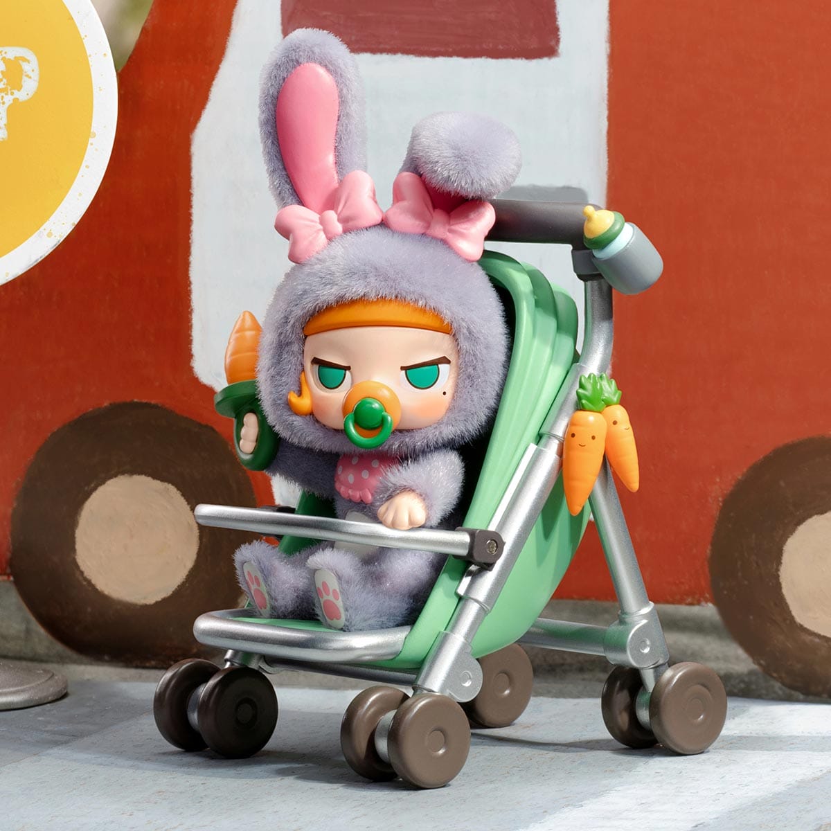 A bunny-costumed doll with a pacifier sits in a toy stroller, ideal for Zootopia 2 displays at Disney Parks worldwide.