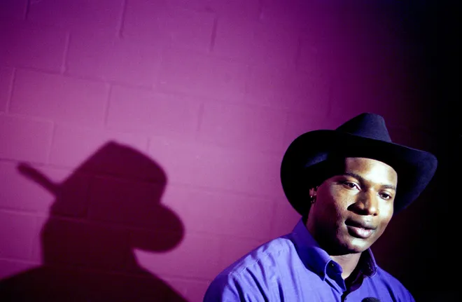 Heisman Trophy winner and former NFL and Major League Baseball star Bo Jackson answers questions from the media at Nashville's Three Video Studios on Feb. 2, 1995. Jackson, along with Neil Diamond, is in town for the filming of country group Dallas County Line's 