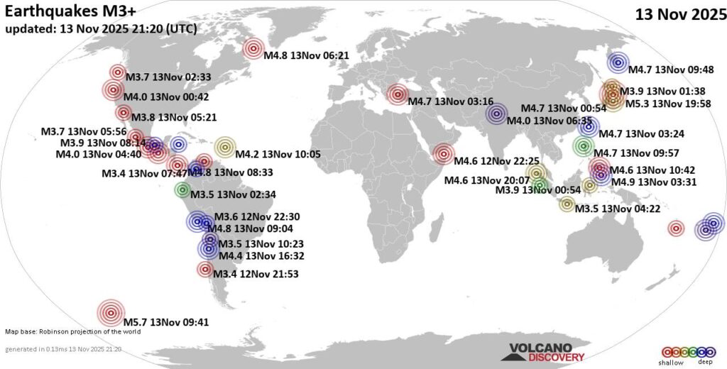 Worldwide earthquakes above magnitude 3 during the past 24 hours on 13 Nov 2025