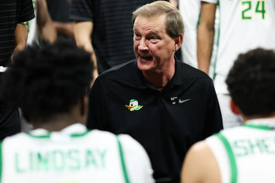 LAS VEGAS, NEVADA - NOVEMBER 24: Head coach Dana Altman of the Oregon Ducks talks to his players in a huddle during a timeout against the Auburn Tigers during the Players Era Championship basketball tournament at Michelob ULTRA Arena on November 24, 2025 in Las Vegas, Nevada. (Photo by Katelyn Mulcahy/Players Era/Getty Images)