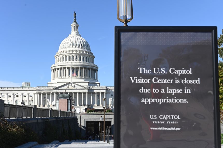 A sign indicating that the US Capitol Visitors Center is closed due to the government shutdown on November 5, in Washington, DC.