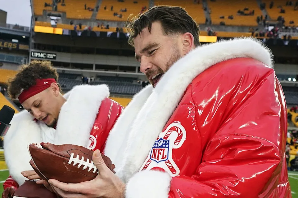 AP Photo/Matt Freed Patrick Mahomes and Travis Kelce after the Chiefs-Steelers game on Christmas 2024.