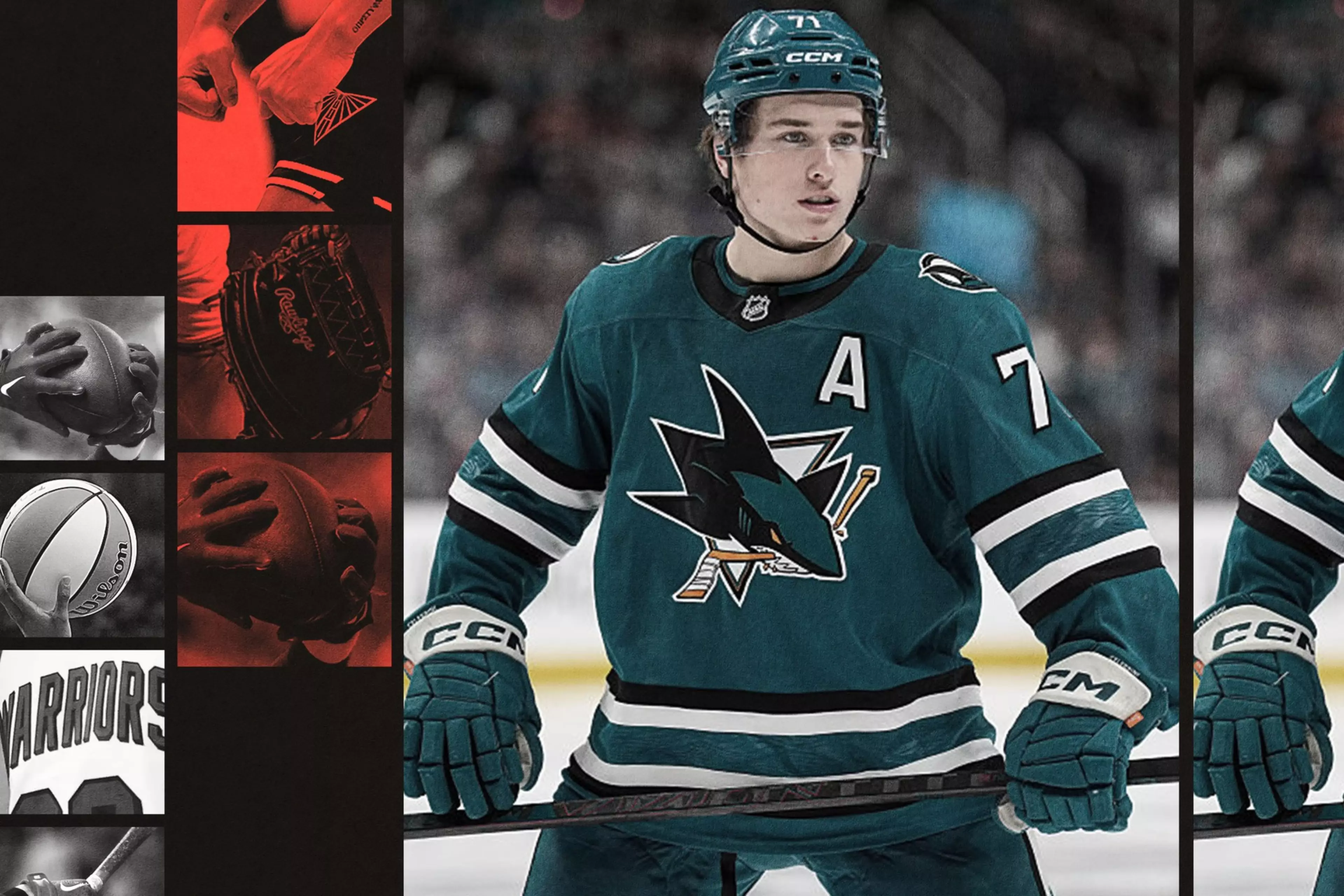 A hockey player wearing a teal San Jose Sharks jersey with an 