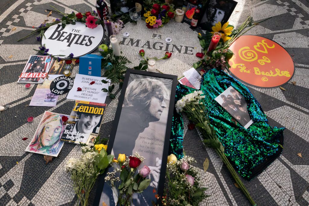 Items were left at Strawberry Fields to remember John Lennon, Dec. 8, 2020, in New York City.