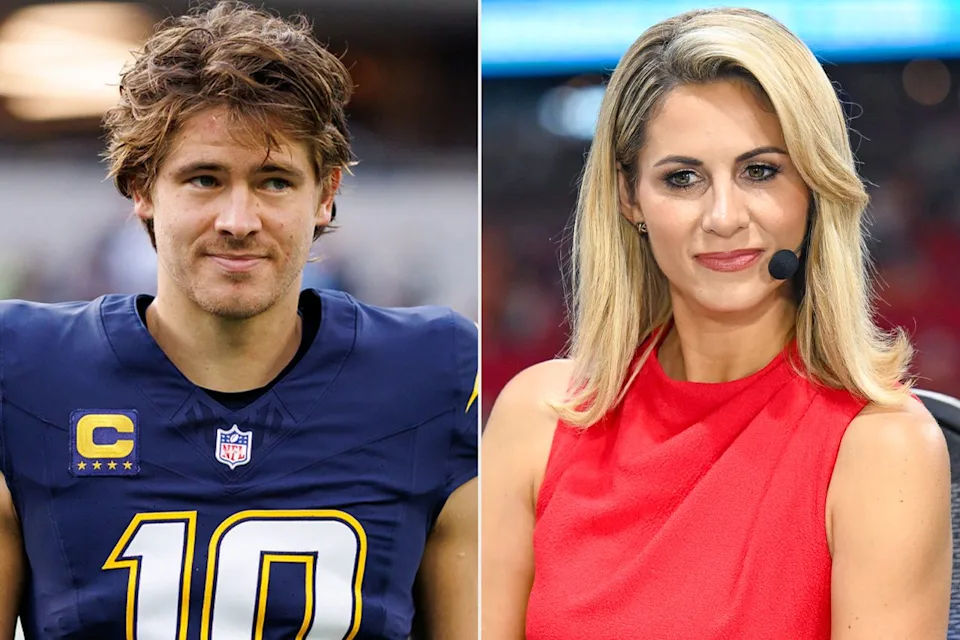 Brooke Sutton/Getty; Rich von Biberstein/Icon Sportswire via Getty Justin Herbert and Laura Rutledge.