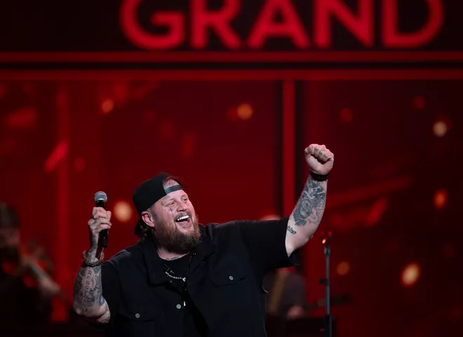 Jelly Roll performs at the Grand Ole Opry in Nashville, Tenn., Tuesday, Feb. 18, 2025.