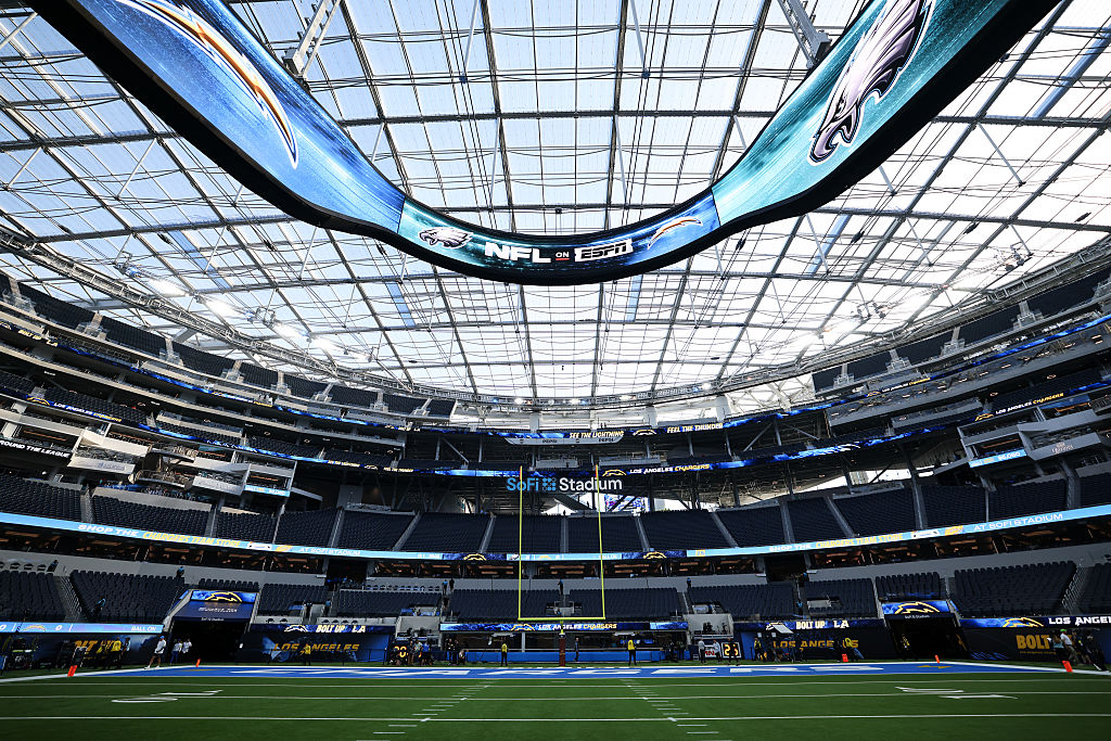 INGLEWOOD, CALIFORNIA - DECEMBER 8: A general interior view of SoFi Stadium with ESPN MNF signage on the video board prior to the game between the Philadelphia Eagles and the Los Angeles Chargers at SoFi Stadium on December 8, 2025 in Inglewood, California. (Photo by Brooke Sutton/Getty Images)