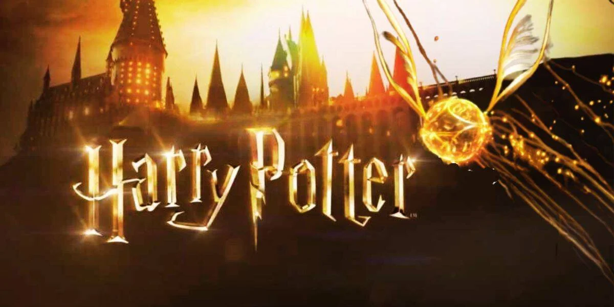 The image shows the Hogwarts castle at sunset, with the words 