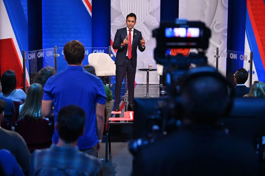 Republican presidential candidate Vivek Ramaswamy participates in a CNN Republican Town Hall moderated by CNNâs Abby Phillip at Grand View University in Des Moines, Iowa, on Wednesday, December 13, 2023.