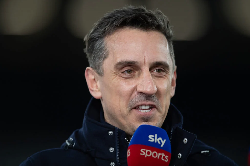 Sky Sports pundit Gary Neville is seen prior to the Premier League match between West Ham United and Brentford FC