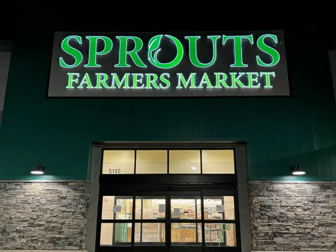 Shown is Sprouts Farmers Market gourmet grocery store near Pineda Causeway in Melbourne, Florida. It is the second location in Brevard County, with an opening date in March 2025. Sprouts has an abundance of fresh produce, selections of cheese, baked goods, deli, meats, seafood, vitamins and other gourmet goodies.