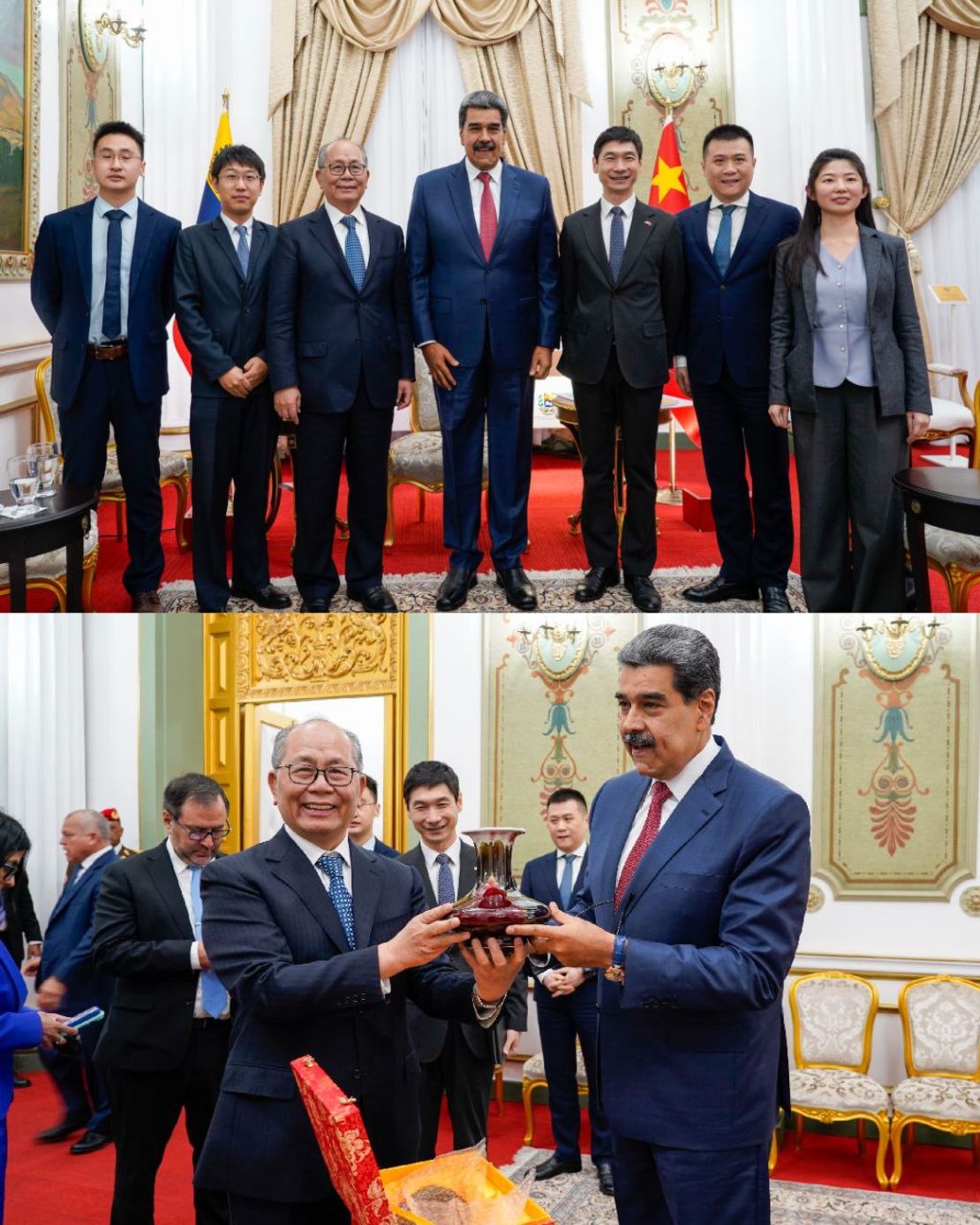 El presidente Nicolás Maduro y el enviado especial de China para Asuntos de América Latina, Qiu Xiaoqi, sonríen en el palacio de Miraflores este viernes en un encuentro.