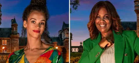 Roxy and Judy standing in front of Ardross Castle on The Traitors