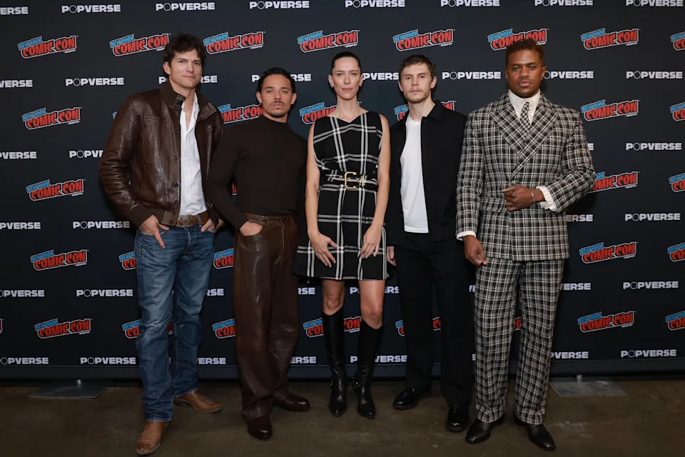 'The Beauty' stars Ashton Kutcher, Anthony Ramos, Rebecca Hall, Evan Peters and Jeremy Pope, here at the New York Comic Con 2025. / Jason Mendez/Getty Images for ReedPop