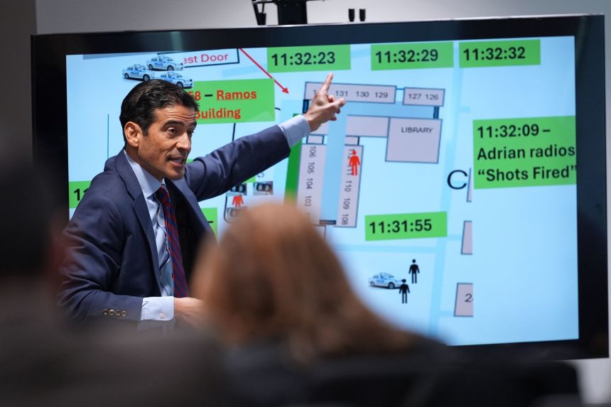 Attorney Nico LaHood makes opening statements during the trial for former Uvalde school district police officer Adrian Gonzales at the Nueces County Courthouse in Corpus Christi, Texas, on January 6.