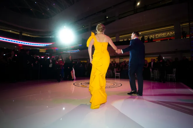 Gov. Mikie Sherrill and Jason Hedberg walk onto the dance floor at Sherrill's inaugural governor's ball at the American Dream Mall, Jan 20, 2026, East Rutherford, NJ, USA.