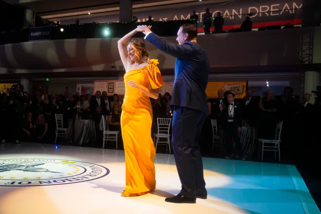 Gov. Mikie Sherrill dances with Jason Hedberg at Sherrill's inaugural governor's ball at the American Dream Mall, Jan 20, 2026, East Rutherford, NJ, USA.