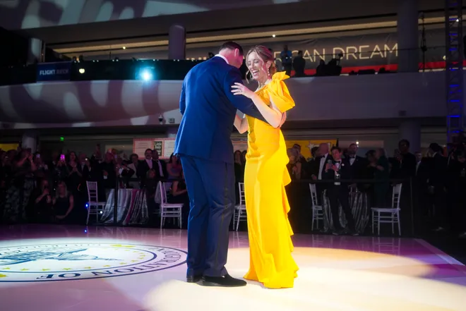 Gov. Mikie Sherrill dances with Jason Hedberg at Sherrill's inaugural governor's ball at the American Dream Mall, Jan 20, 2026, East Rutherford, NJ, USA.
