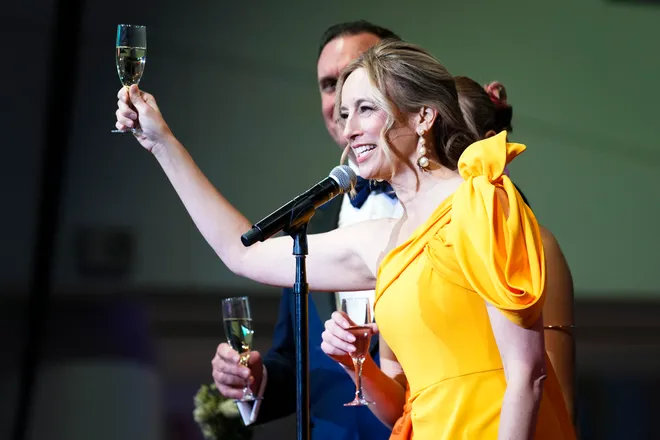 Gov. Mikie Sherrill gives a toast during her inaugural governor's ball at the American Dream Mall, Jan 20, 2026, East Rutherford, NJ, USA.