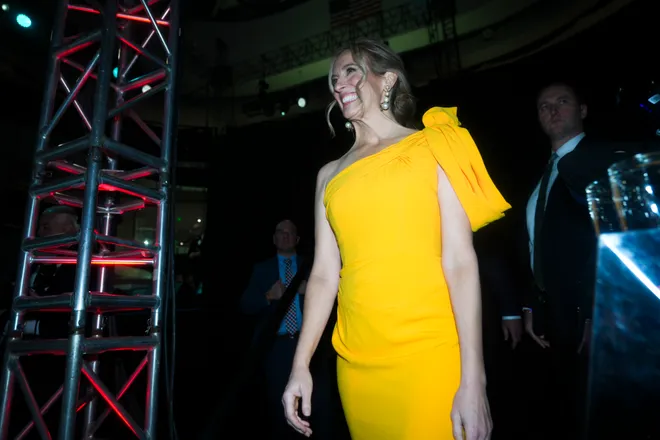 Gov. Mikie Sherrill walks out onto the dance floor during her inaugural governor's ball at the American Dream Mall, Jan 20, 2026, East Rutherford, NJ, USA.