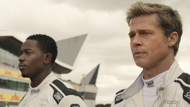 Sonny Hayes (Brad Pitt, right) mentors young Formula 1 prodigy Joshua Pearce (Damson Idris) in the racing movie