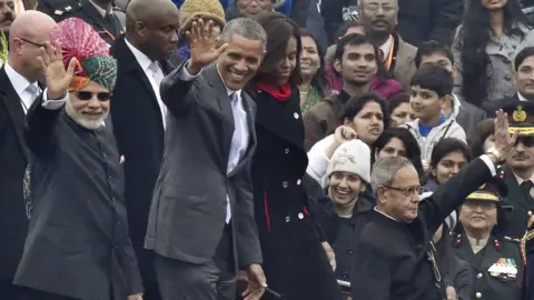 Hindustan Times via Getty Images Former president of United States of America (USA) Barack Obama along with his wife Michelle Obama, President of India Pranab Mukherjee and Prime Minister of India Narendra Modi during the ceremony of 66th Republic Day of India, at Rajpath, on January 26, 2015 in New Delhi, India. 