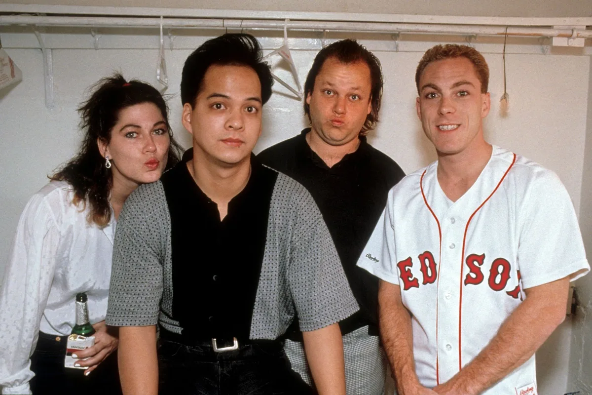Pixies (L-R Kim Deal, Joey Santiago, Black Francis, David Lovering) backstage at the Warfield Theater, San Francisco, April 16, 1992