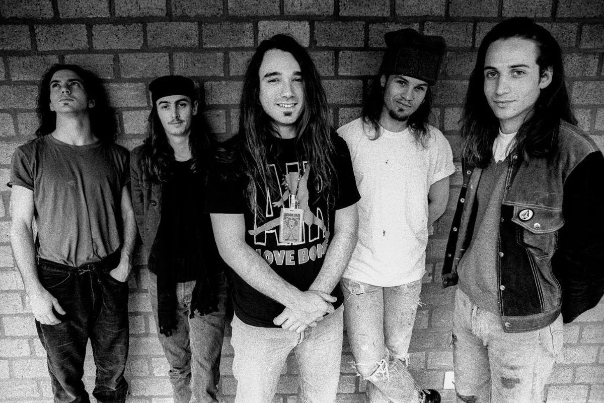 Pearl Jam, grunge rock band, 1992. L-R Eddie Vedder, Stone Gossard, Dave Abbruzzese, Jeff Ament and Mike McCready
