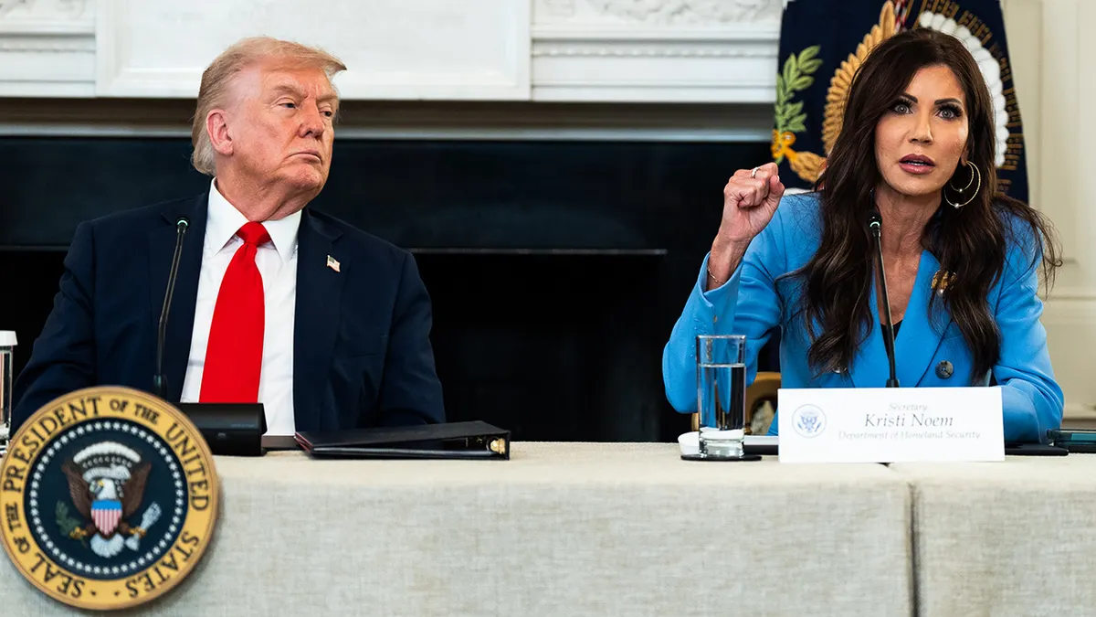 President Donald Trump and Homeland Security Secretary Kristi Noem at roundtable event