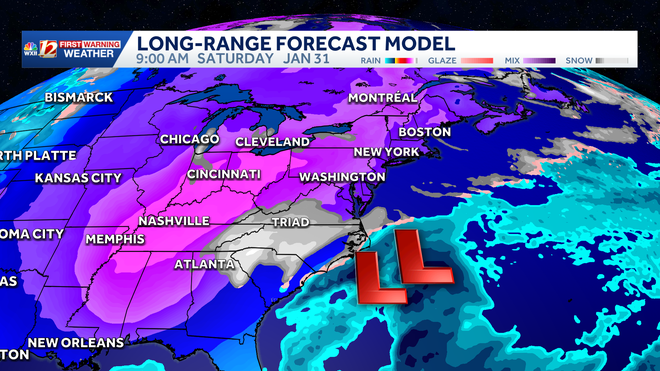 powerful surface lows and mid-level trough combines saturday to bring snow chances to the carolinas