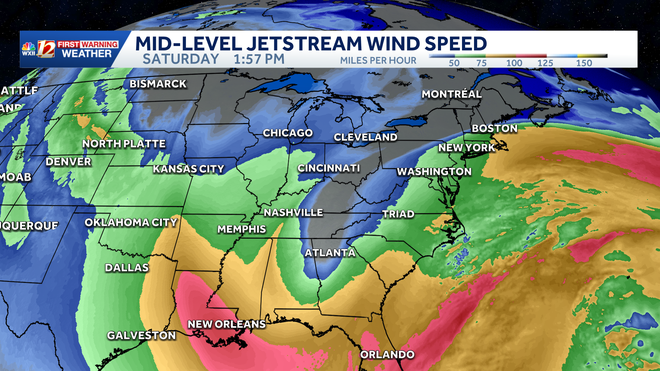 deepening low pressure over the carolinas and southeast on saturday