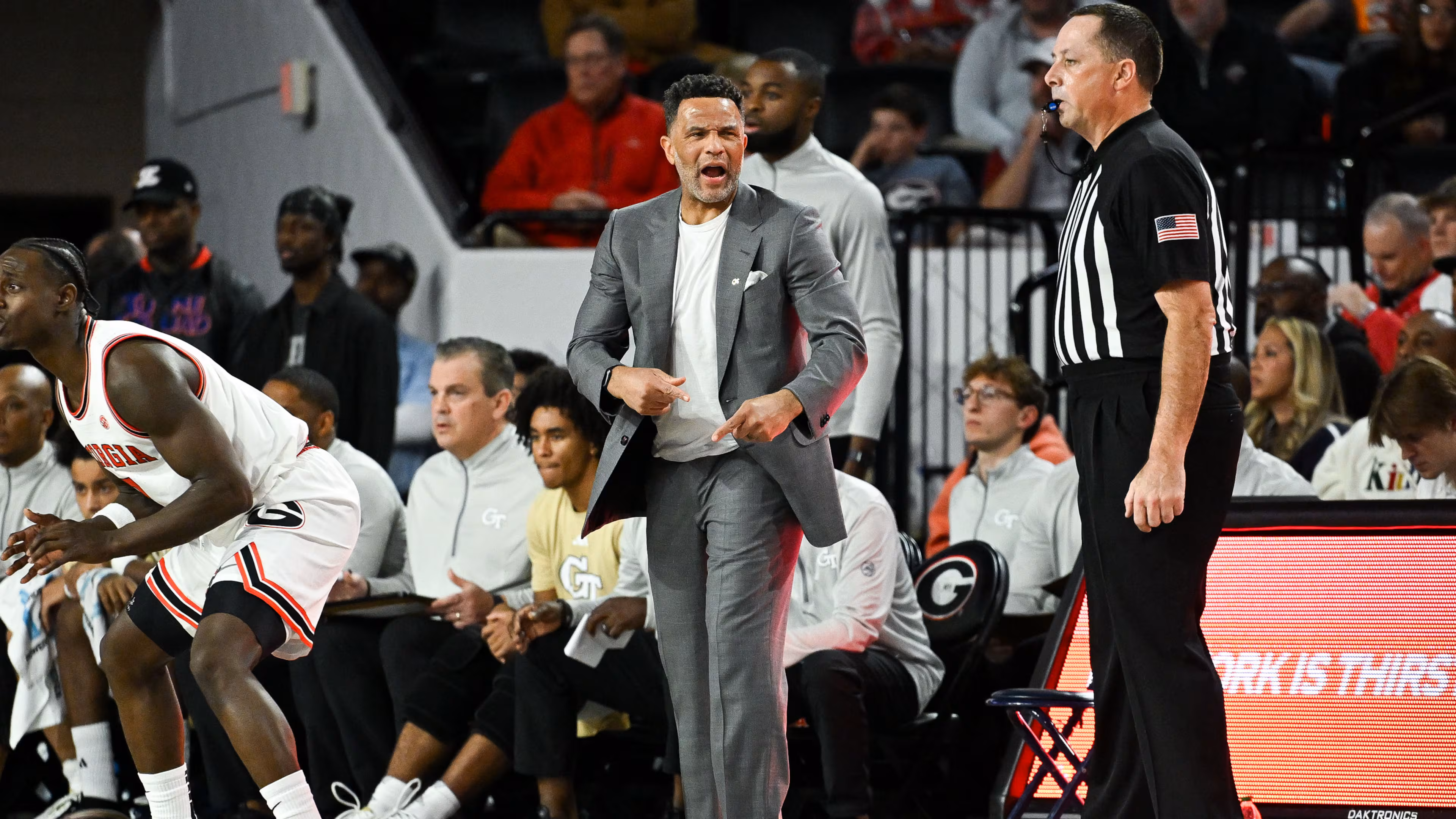 Georgia Tech head coach Damon Stoudamire watches the action on Friday, Nov. 14, 2025, at Stegeman Coliseum in Athens. Stoudamire’s team is on a four-game win streak in which it is averaging 87.5 points per game. (Daniel Varnado for the AJC)