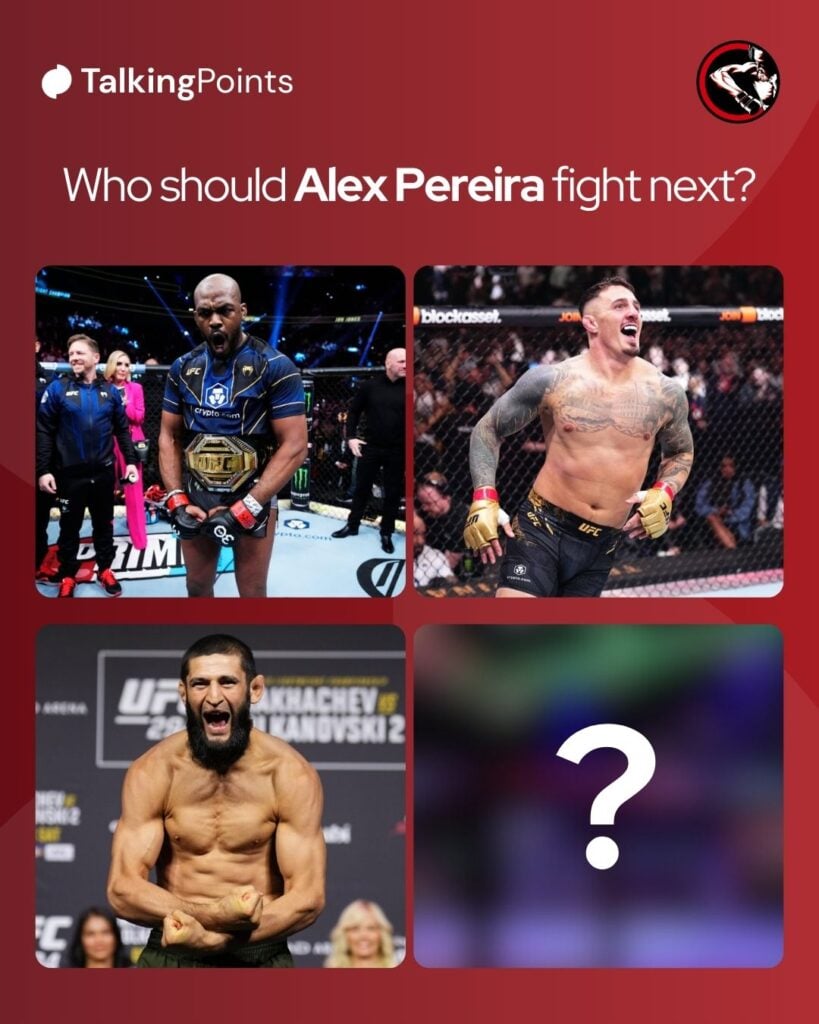 Four-way split image of Jon Jones, Tom Aspinall, Khamzat Chimaev and a question mark