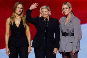 CHICAGO, ILLINOIS - AUGUST 22: Musicians Martie Maguire, Natalie Maines and Emily Robison of The Chicks depart after performing the National Anthem during the final day of the Democratic National Convention at the United Center on August 22, 2024 in Chicago, Illinois. Delegates, politicians, and Democratic Party supporters are gathering in Chicago, as current Vice President Kamala Harris is named her party's presidential nominee. The DNC takes place from August 19-22. (Photo by Chip Somodevilla/Getty Images)