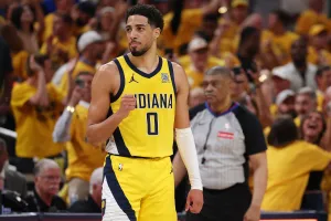INDIANAPOLIS, INDIANA - JUNE 11: Tyrese Haliburton #0 of the Indiana Pacers reacts during the last minute of the fourth quarter against the Oklahoma City Thunder in Game Three of the 2025 NBA Finals at Gainbridge Fieldhouse on June 11, 2025 in Indianapolis, Indiana. NOTE TO USER: User expressly acknowledges and agrees that, by downloading and or using this photograph, User is consenting to the terms and conditions of the Getty Images License Agreement. (Photo by Maddie Meyer/Getty Images)